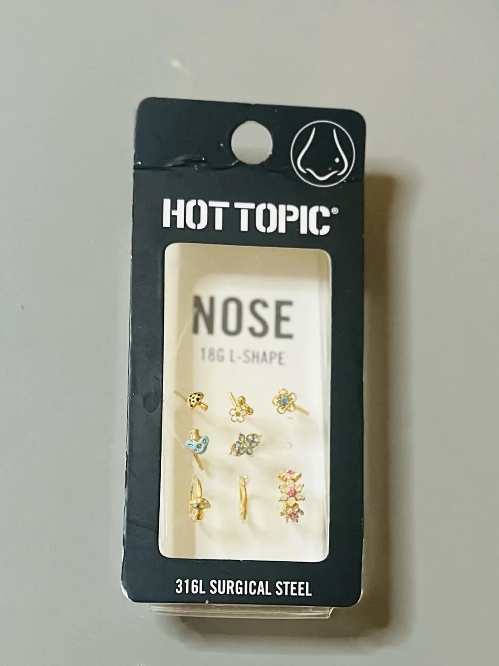Hot Topic Nose Stud Set 9 Pack 18G L-Shape Gold Butterfly Mushroom NWT